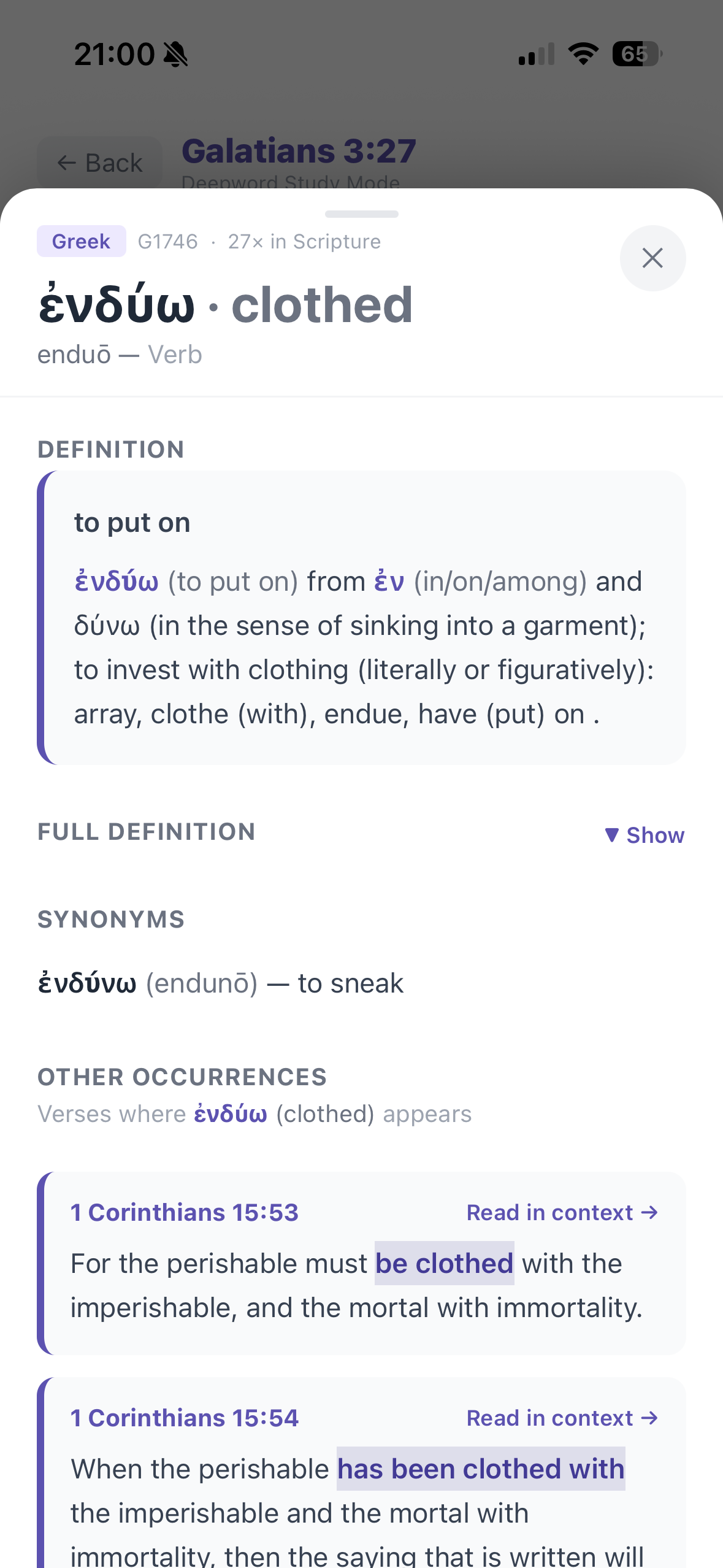 Word study modal showing the Greek root behind 'clothed'