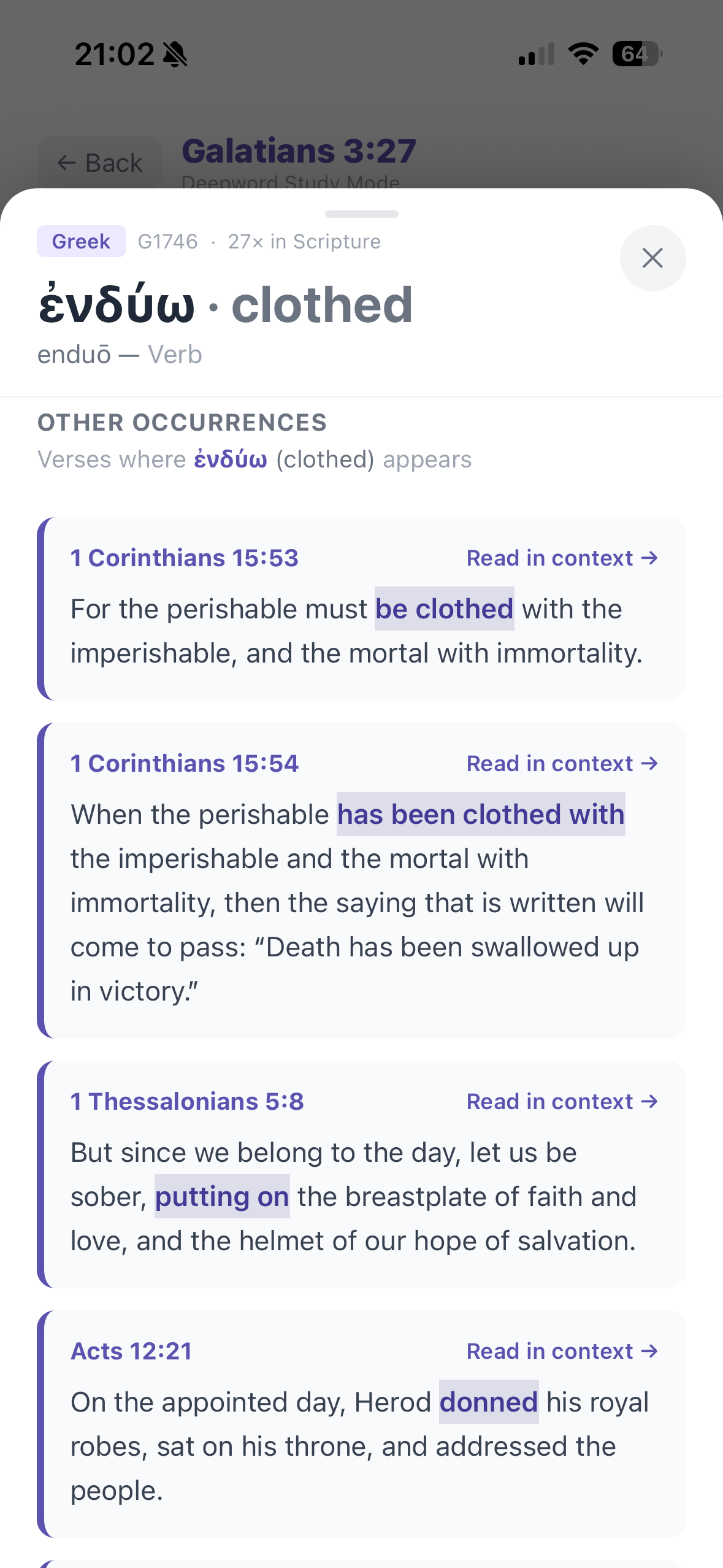 Other Occurrences showing synonym-mapped highlighting across verses