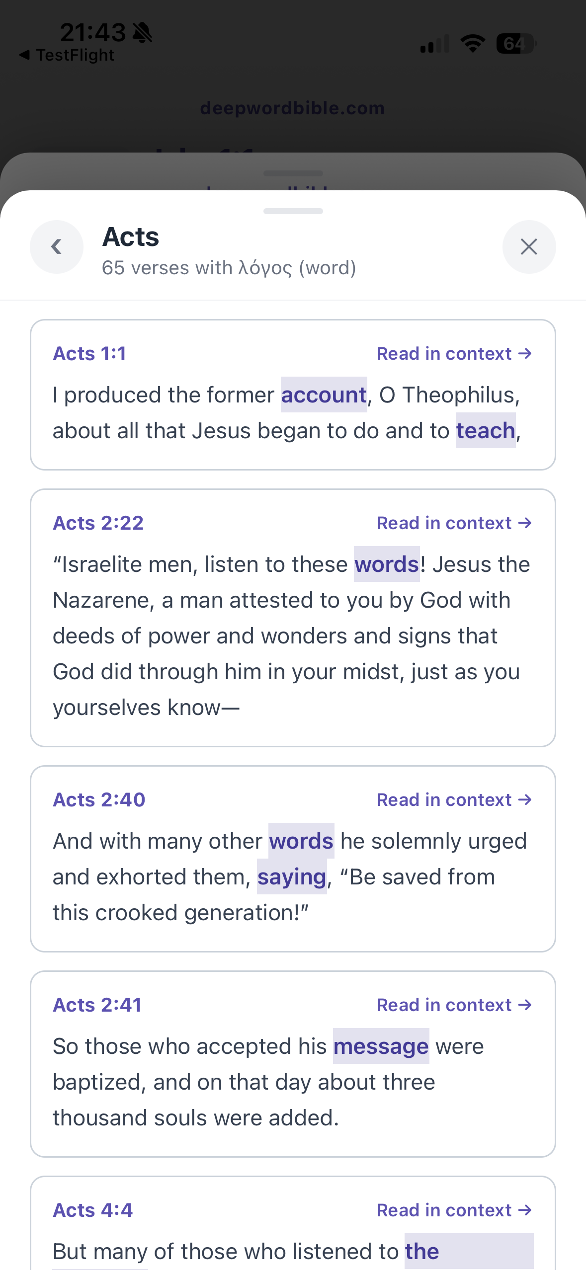 DeepWord: every verse where λόγος appears, synonym-highlighted