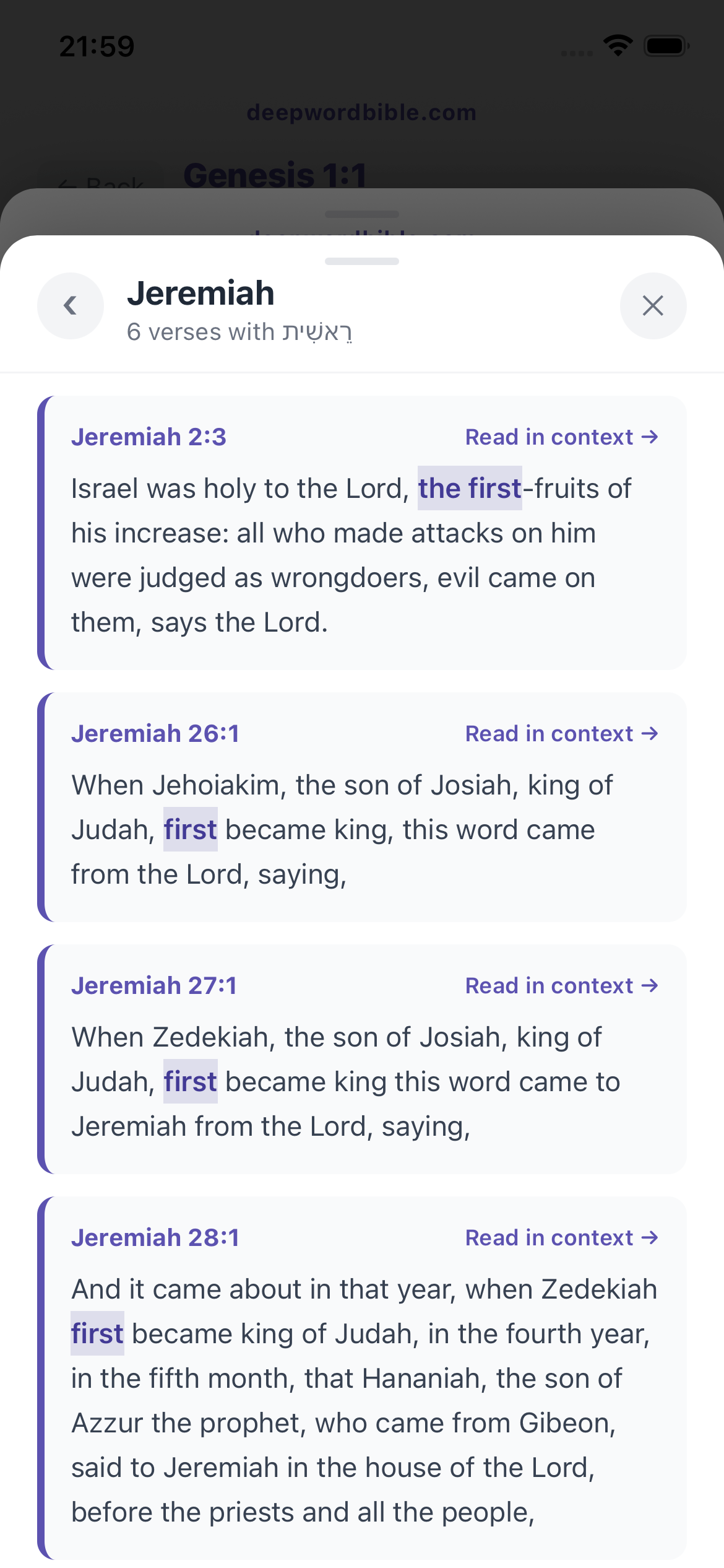 Concordance view — every occurrence of the word shown in context with the term highlighted