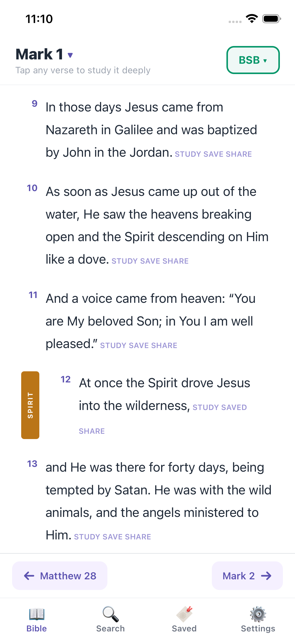 Reader with a saved verse marked by a colored study-list tab